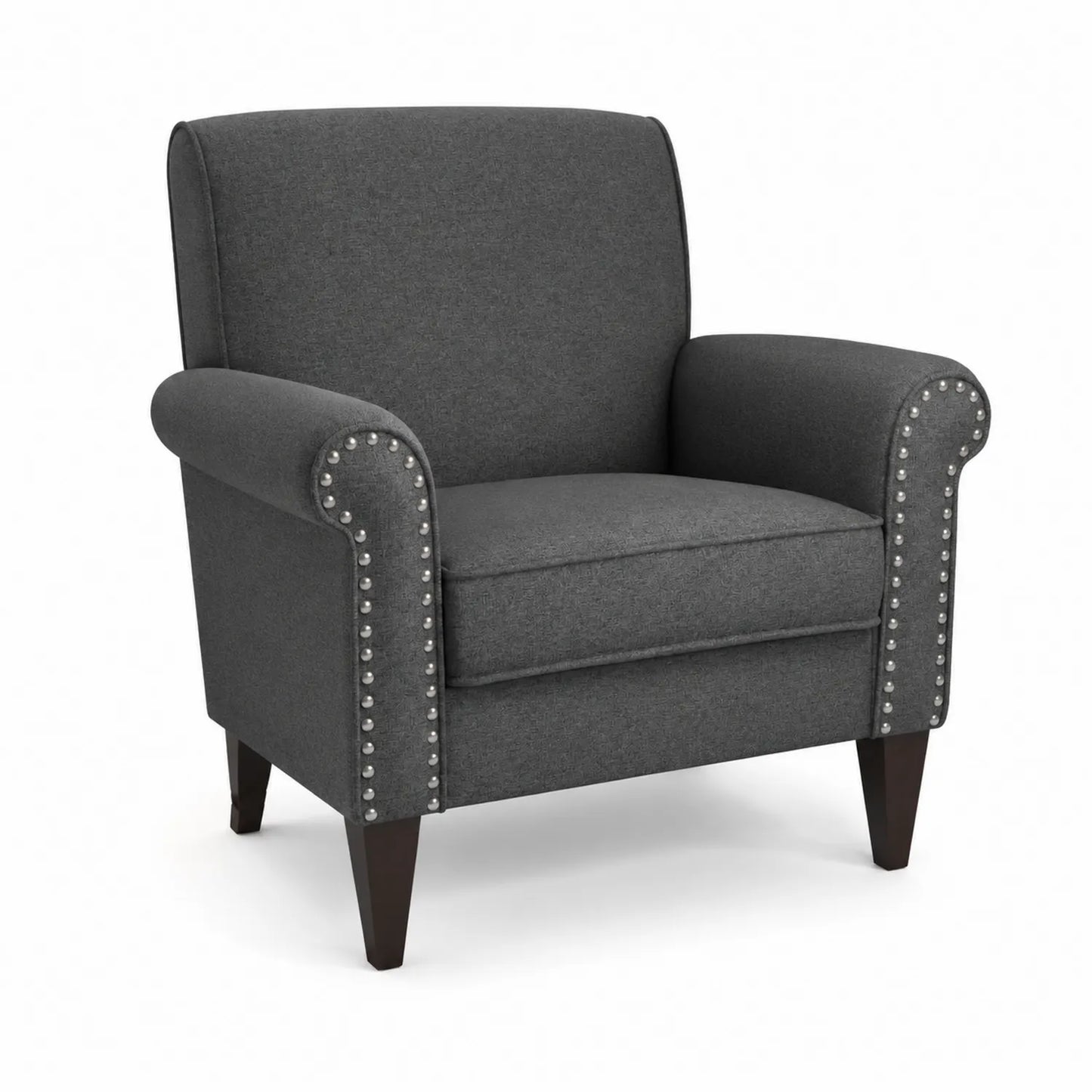 Fauteuil en tissu gris avec accoudoirs cloutés