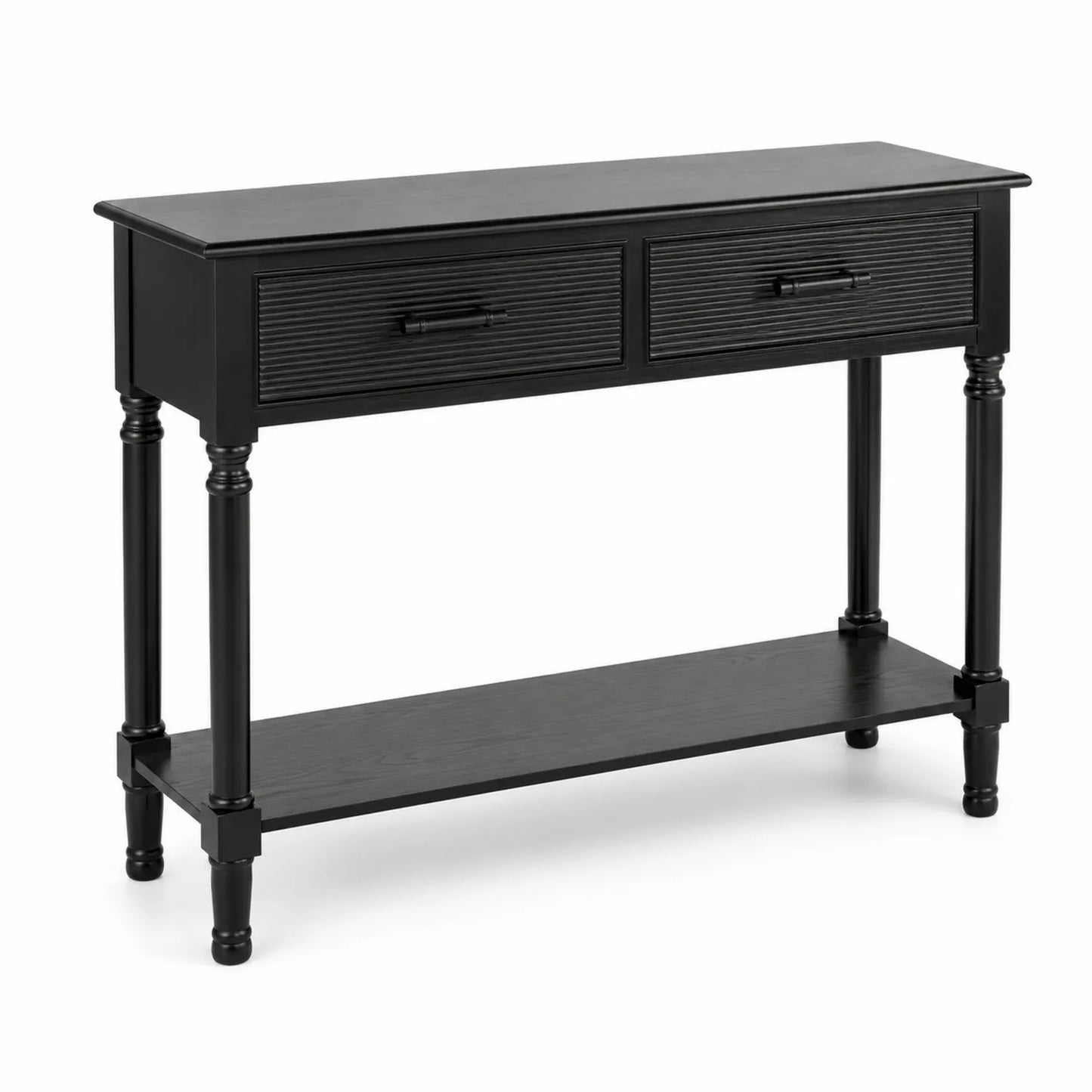 Console en bois noir avec 2 tiroirs et étagère