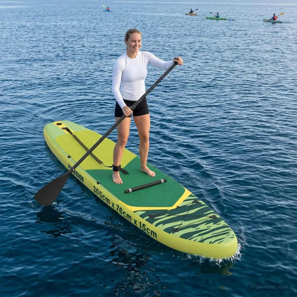 Planche Paddle Gonflable 2-en-1 Poseidon avec Si¨¨ge, 305x76x15 cm, PVC Durable Vert, Aileron et Kit Complet pour Toutes Eaux