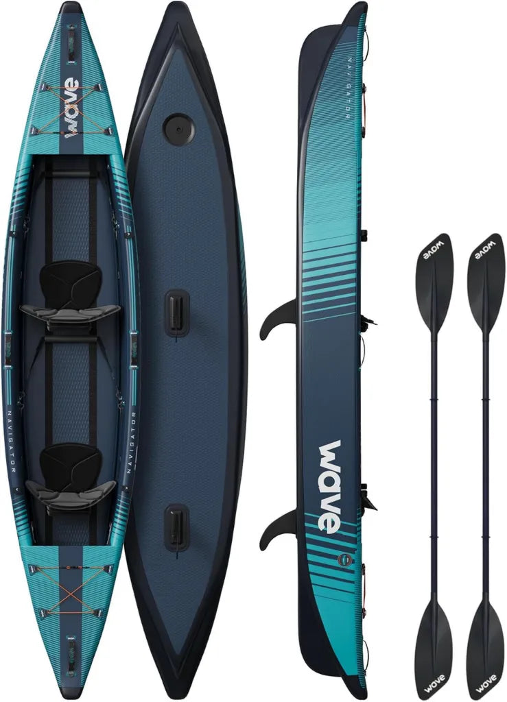Kayak Gonflable Double Wave 3.0 avec Accessoires Complets - Coque Rigide en Drop Stitch, Stable et Portable pour Lacs et Rivi¨¨res - Bleu Marine