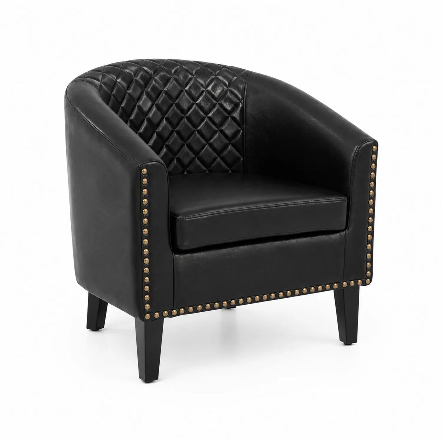 Fauteuil en cuir synthétique noir avec motif losanges et accoudoirs cloutés