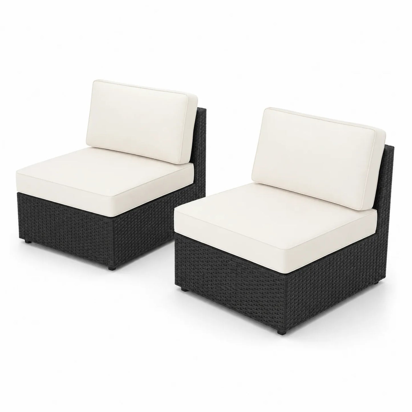 Lot de 2 chaises d'extérieur en rotin synthétique noir avec coussins blancs