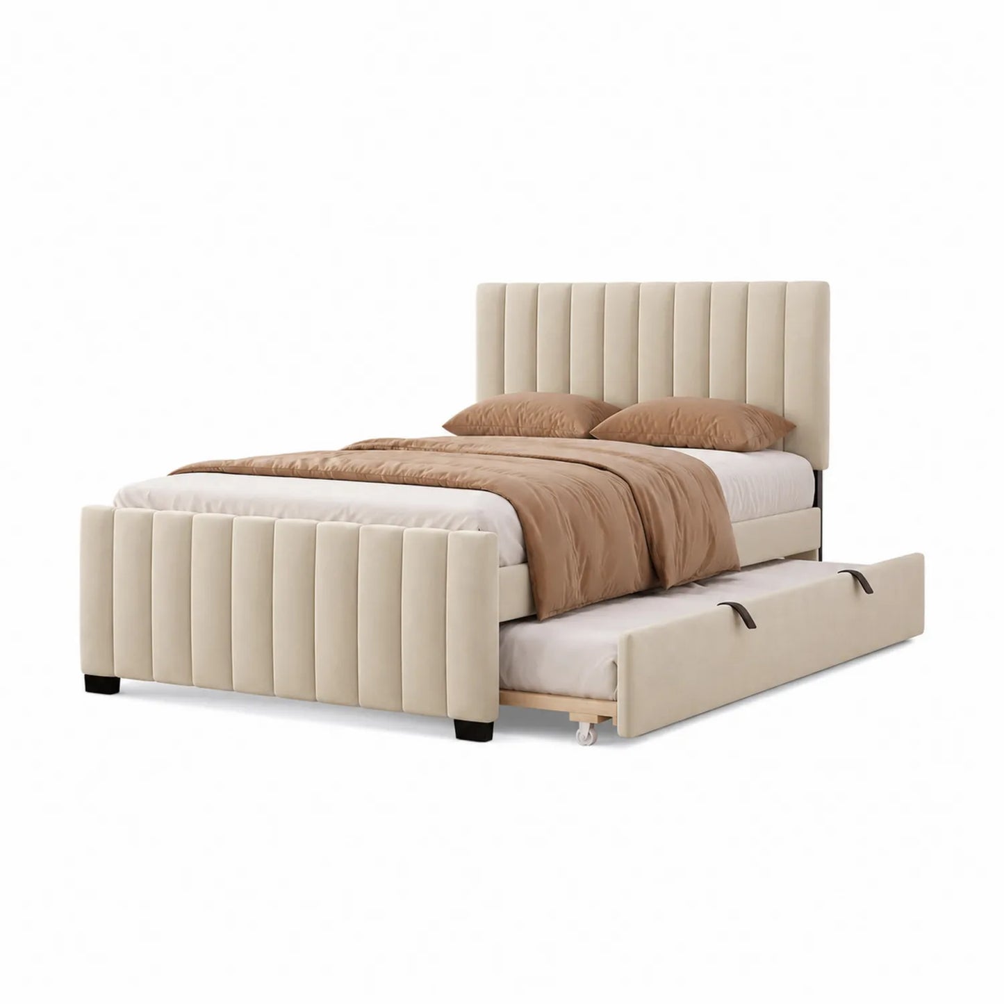 Lit double avec rangement en tissu beige 160x200 cm