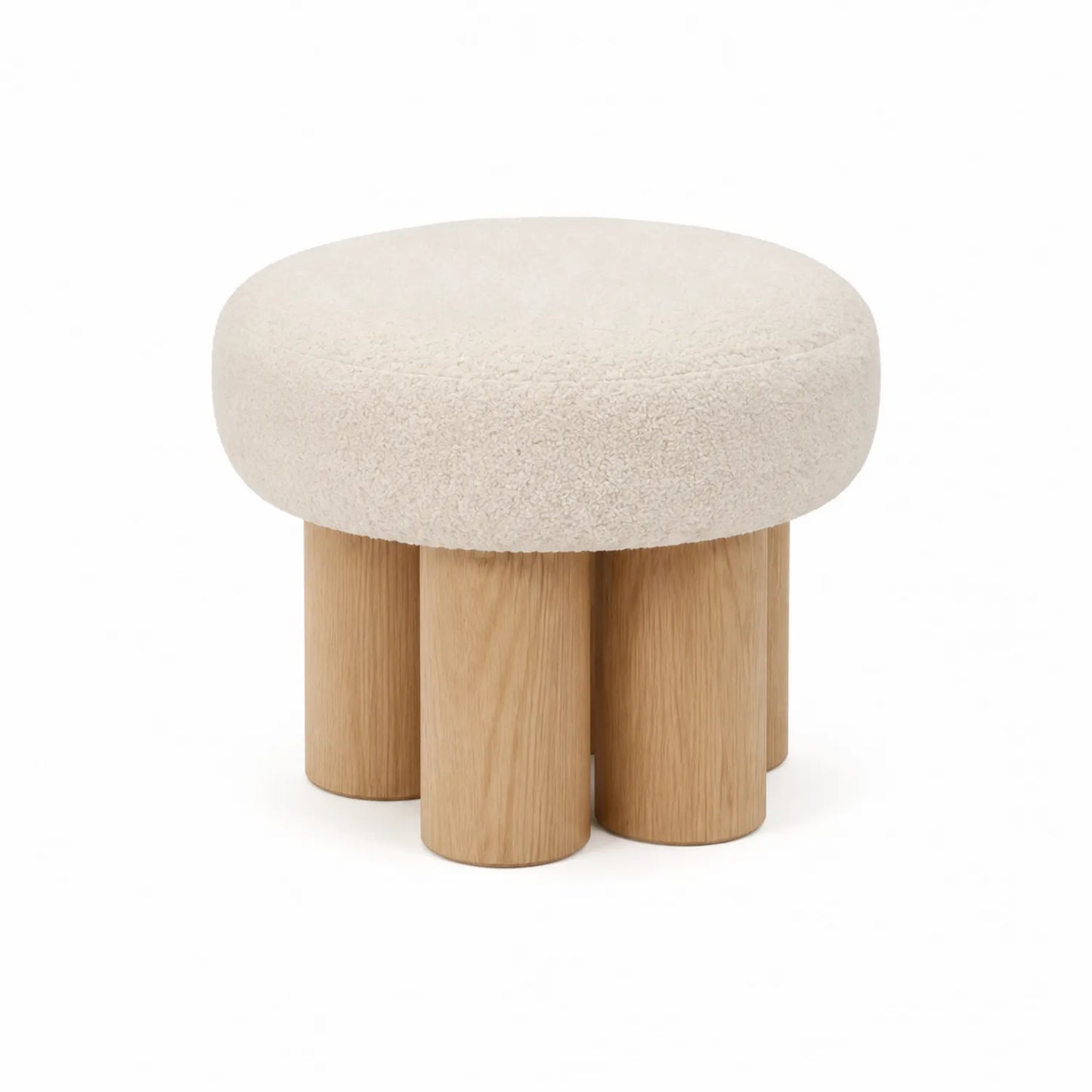 Tabouret Rond en Tissu Bouclé Beige avec Pieds en Chêne