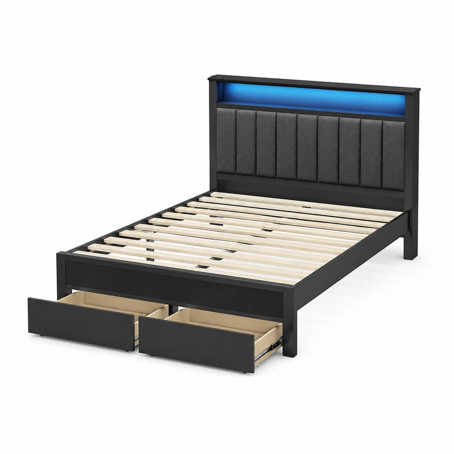Lit double en bois avec rangements et LED, 140x200 cm, Noir/Gris