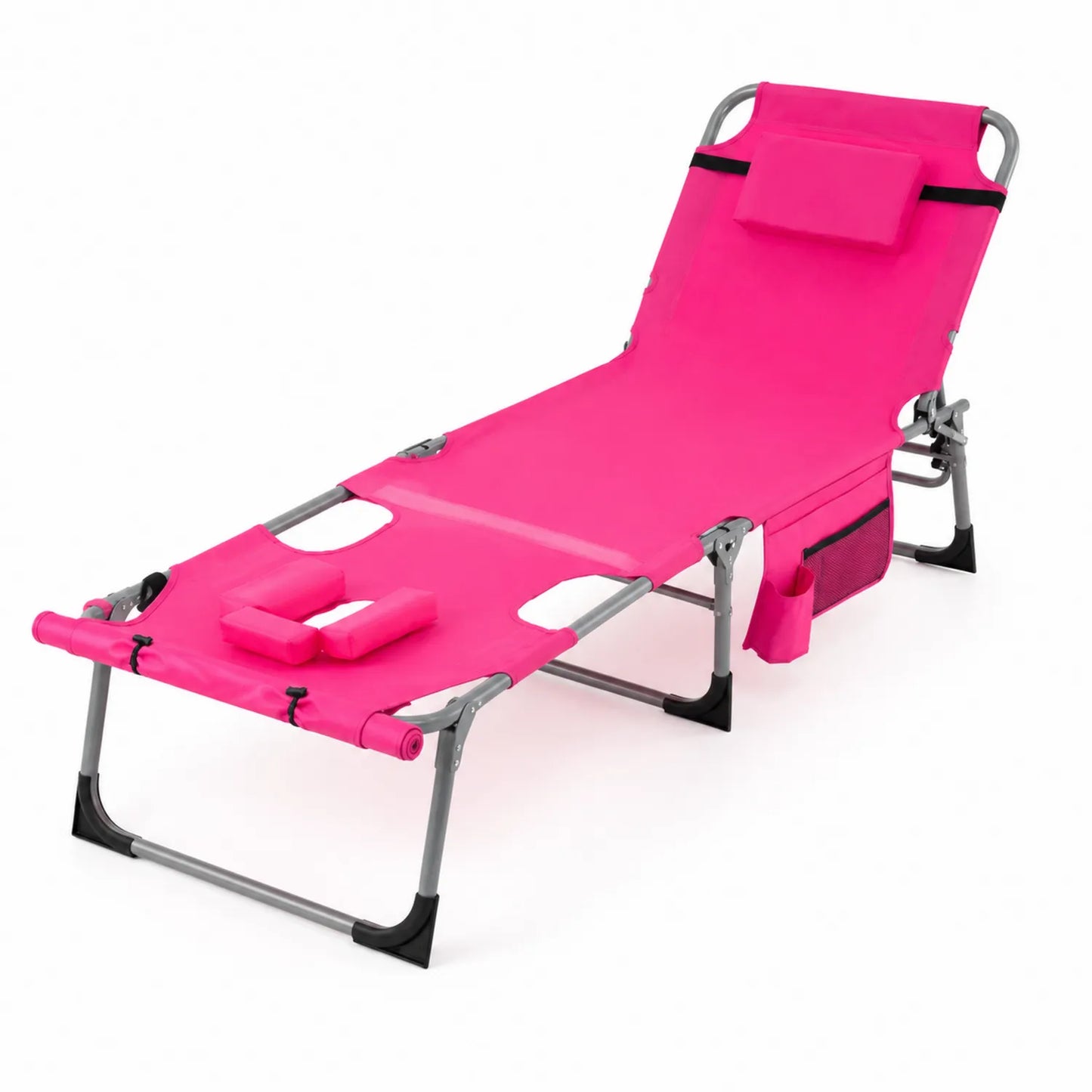 Chaise longue pliante en métal et textile rose