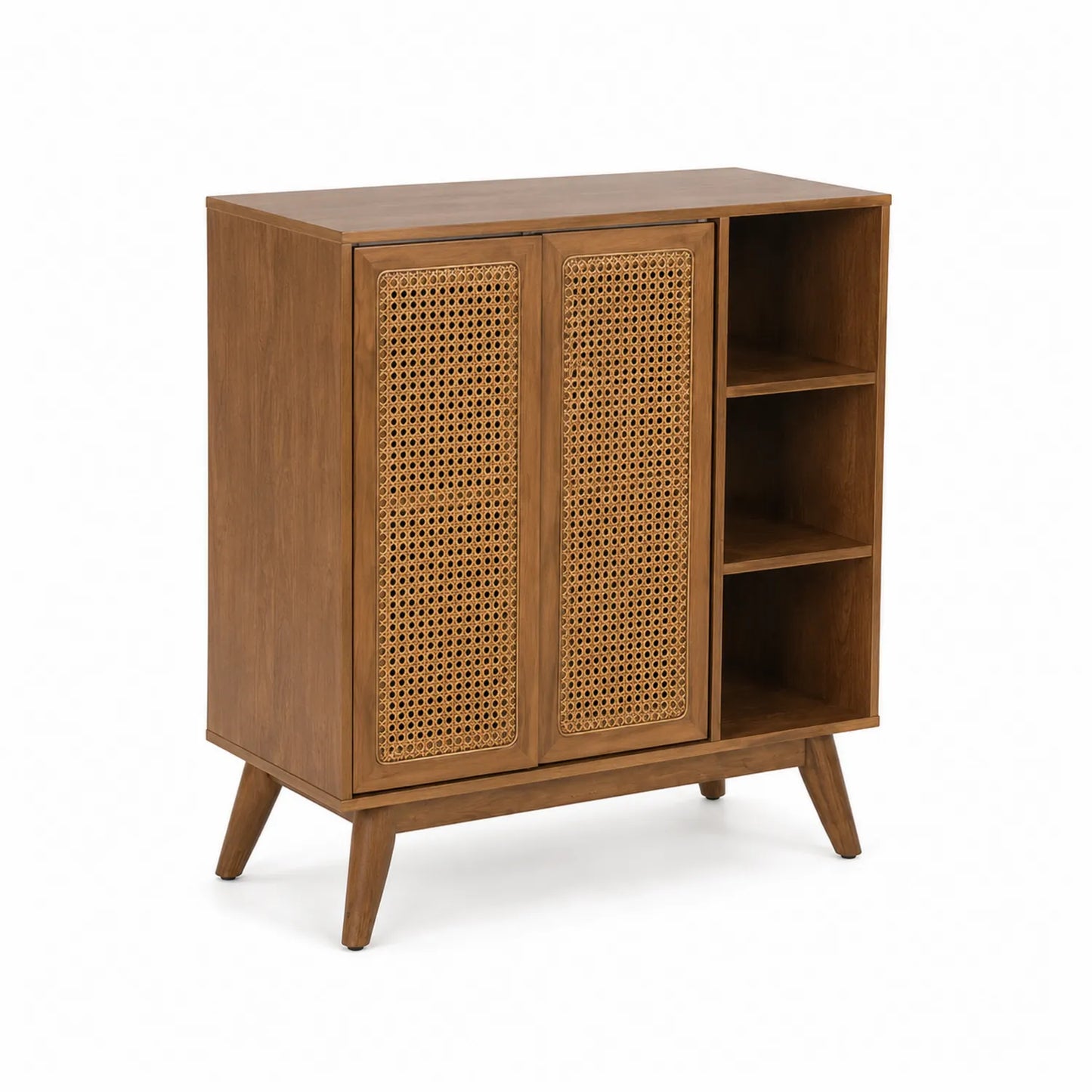 Buffet en bois et rotin avec étagères ouvertes