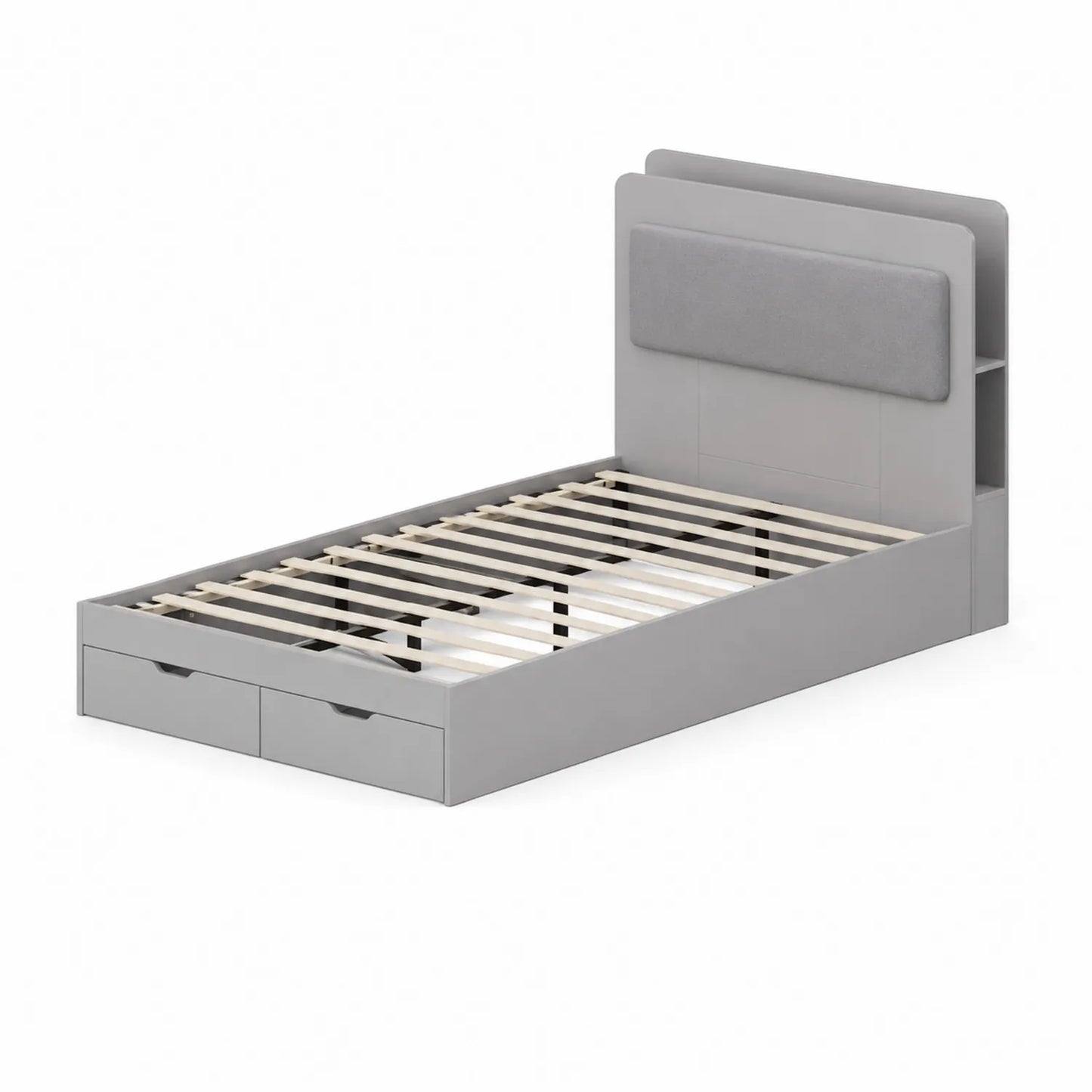 Lit simple avec rangement gris 200x120 cm bois composite et tissu