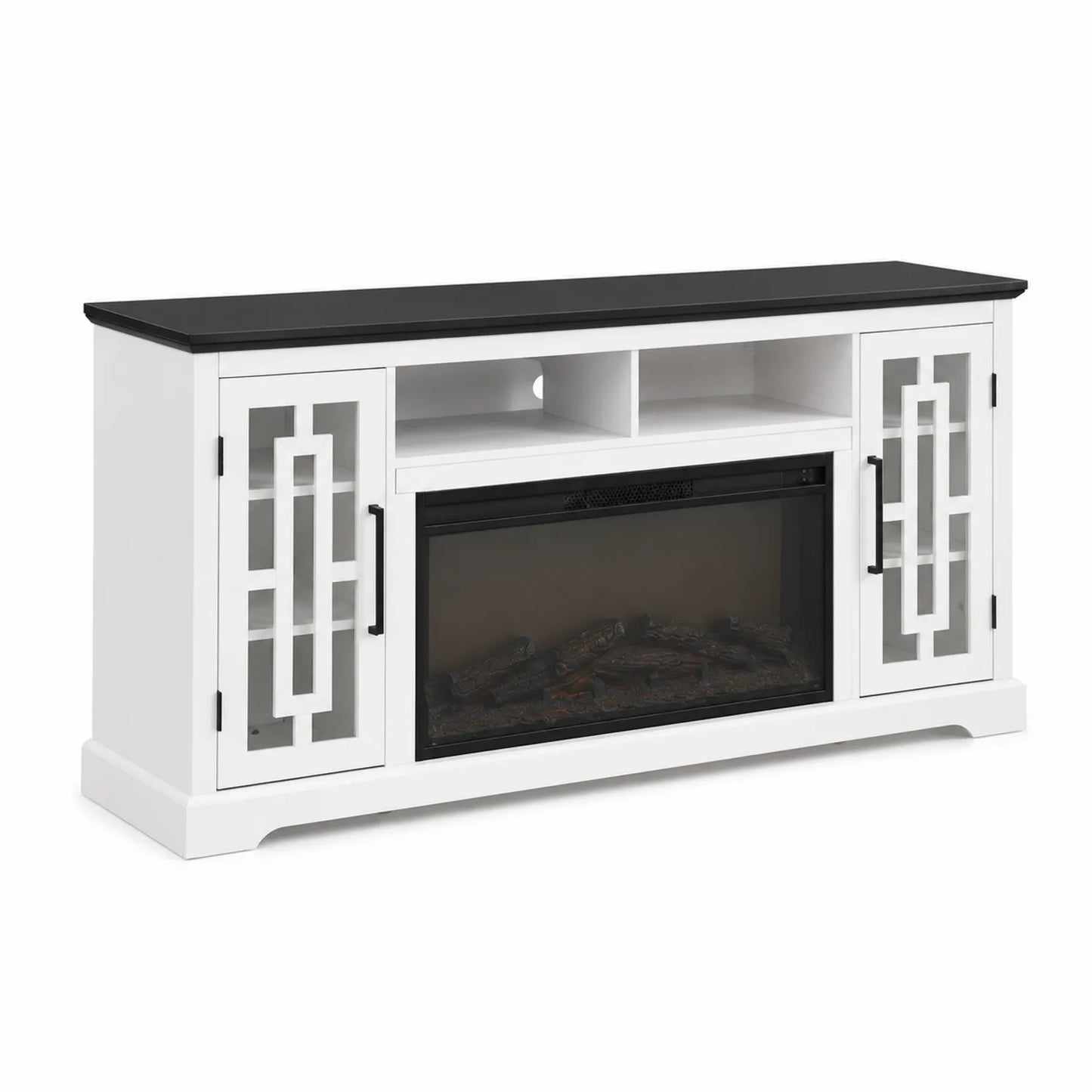 Meuble TV avec Cheminée Électrique en Bois et Verre Trempé