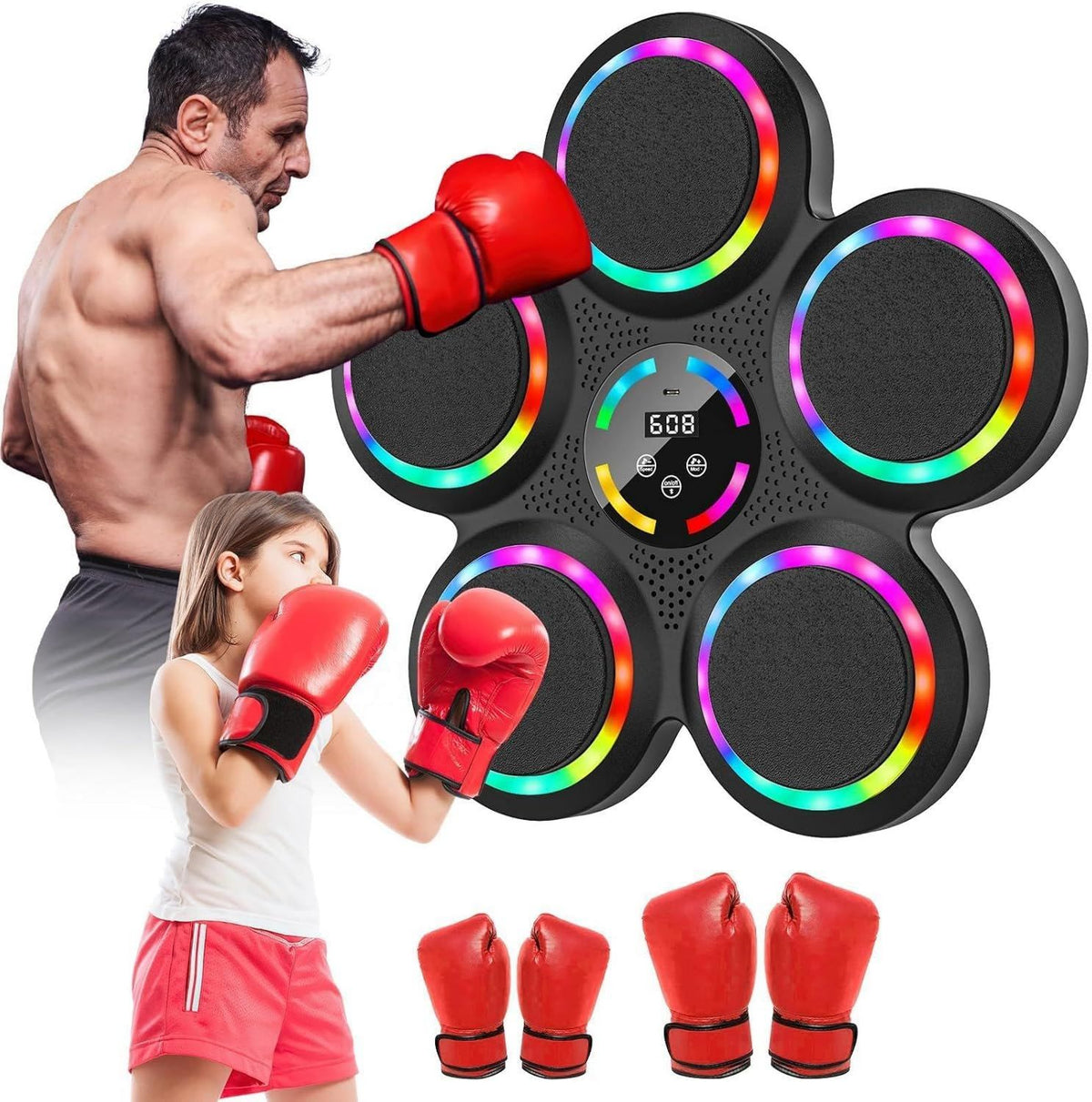 Machine de boxe musicale ¨C montage mural, avec gants de boxe, connexion Bluetooth, usage ¨¤ domicile, 9 niveau x