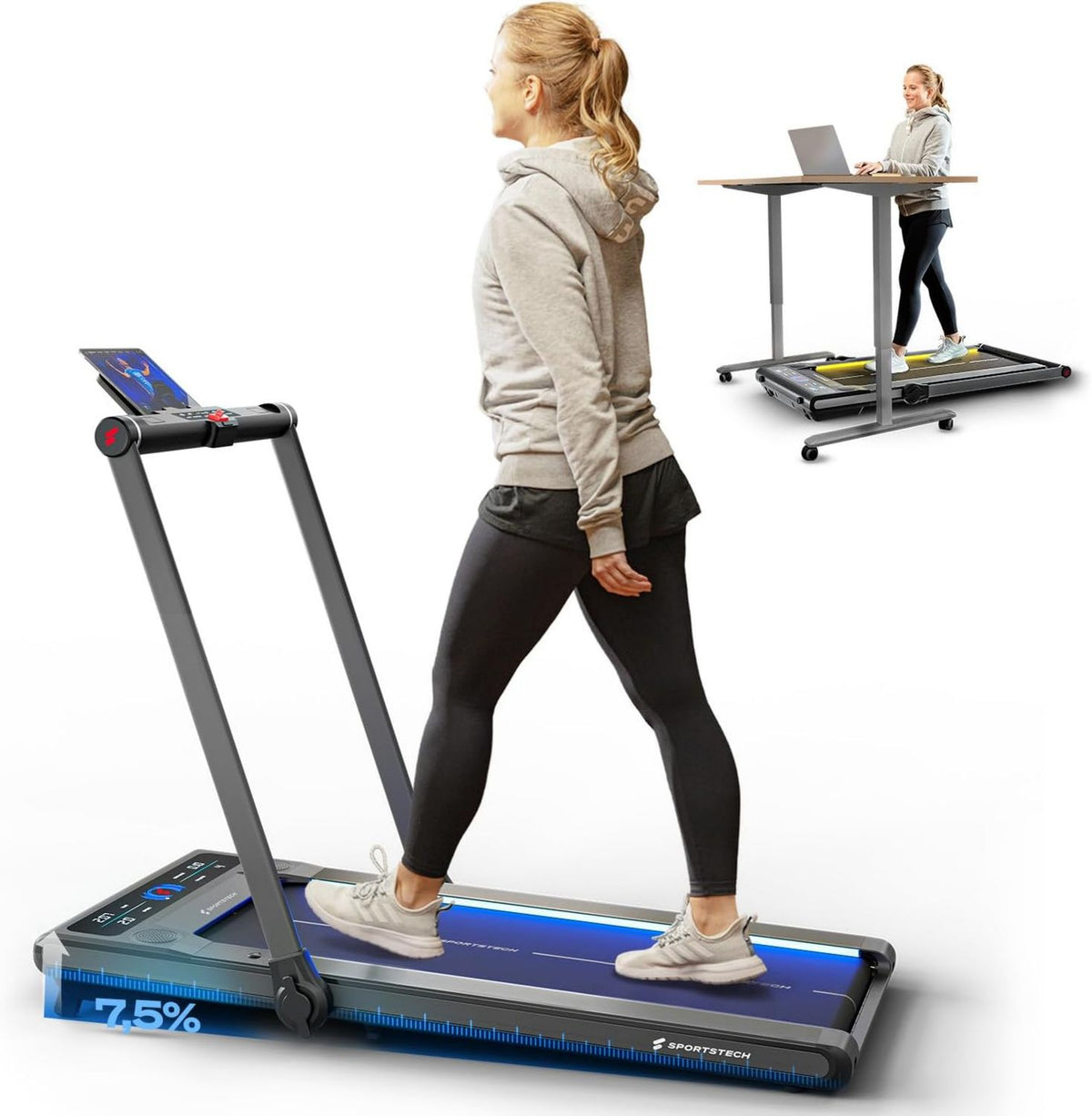 Sportstech Bureau: pliable, connexion Bluetooth, affichage LED, 130 kg, 14 km/h