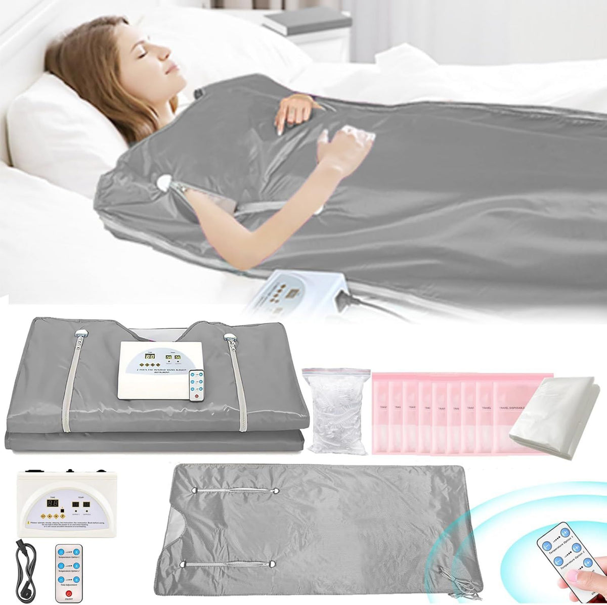 Couverture de sauna infrarouge ¨C avec t¨¦l¨¦commande, avec chauffage, format portable, gris