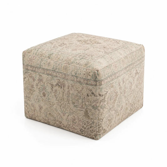 Pouf carré en tissu polyester motif floral beige 40x40x40 cm