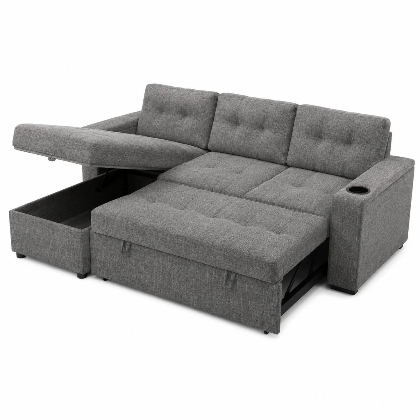 Canapé d'angle en tissu gris avec rangement et porte-gobelet