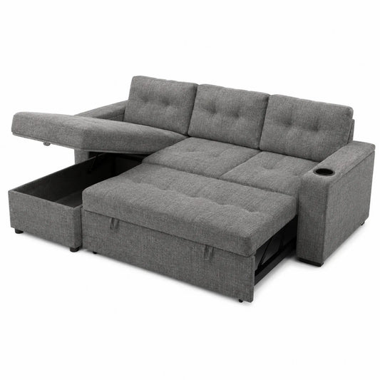 Canapé d'angle en tissu gris avec rangement et porte-gobelet