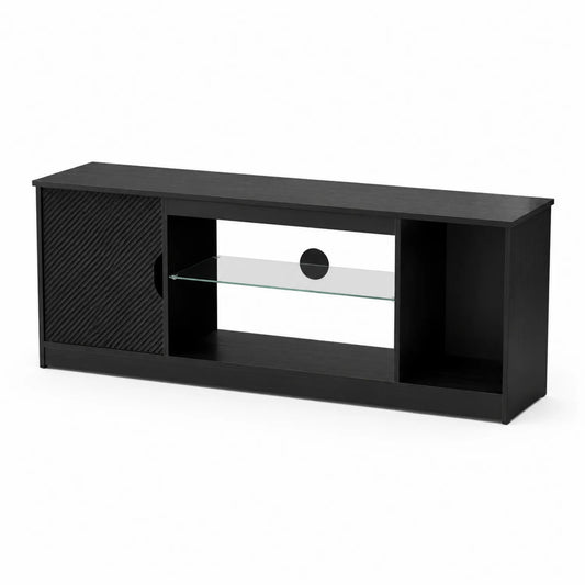 Meuble TV en bois noir avec étagère en verre trempé