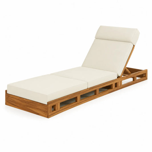 Chaise longue extérieure réglable en acacia avec coussins écrus