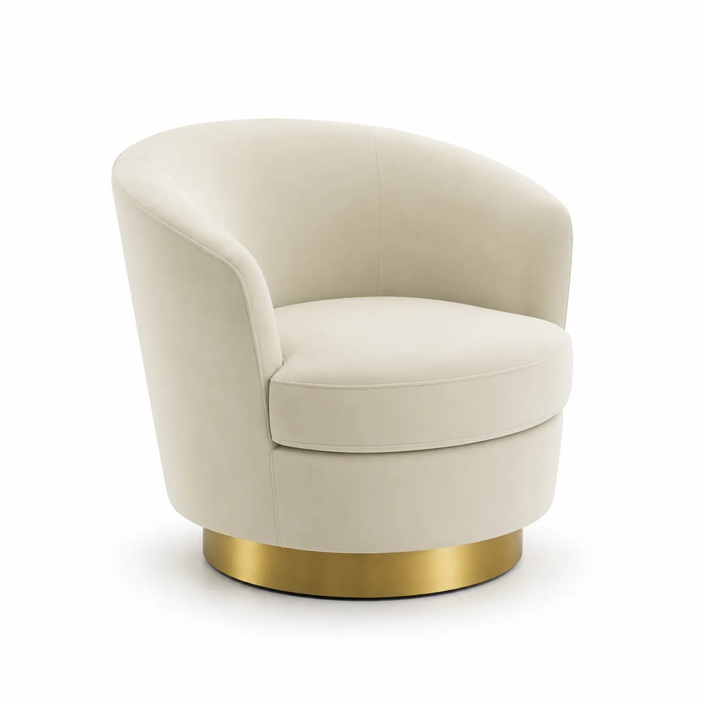 Fauteuil pivotant en tissu microfibre beige avec base en métal doré