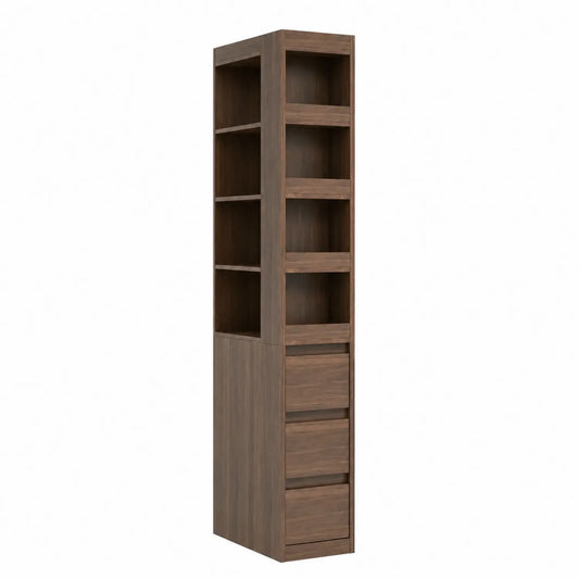Bibliothèque en bois marron avec étagères et tiroirs