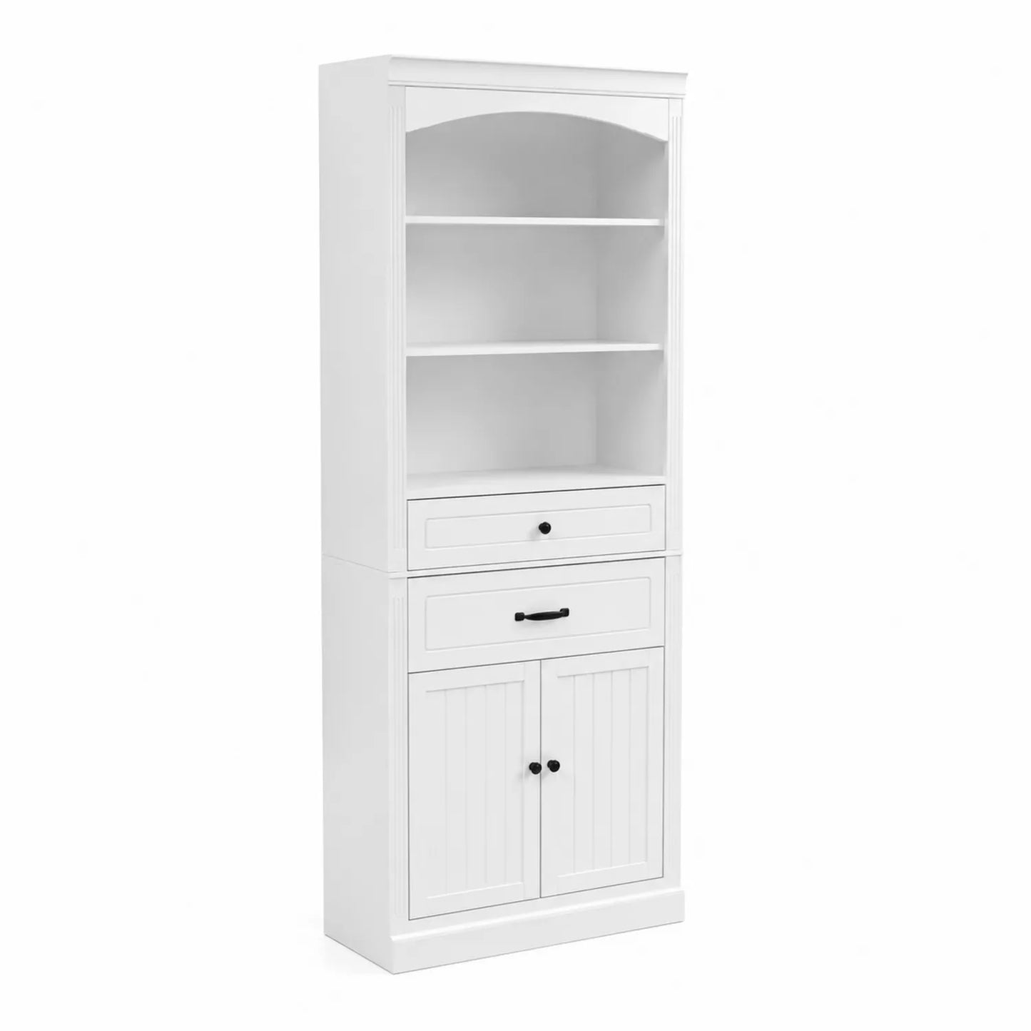 Bibliothèque haute blanche avec étagères et tiroirs en bois MDF