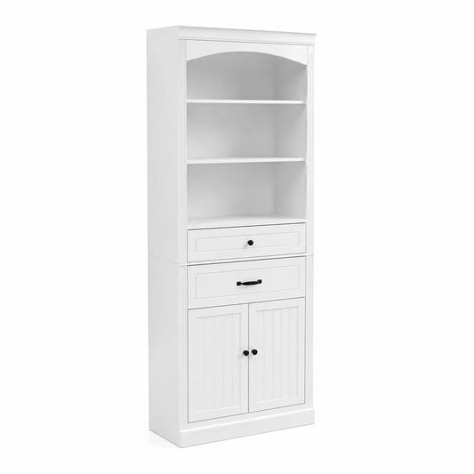 Bibliothèque haute blanche avec étagères et tiroirs en bois MDF