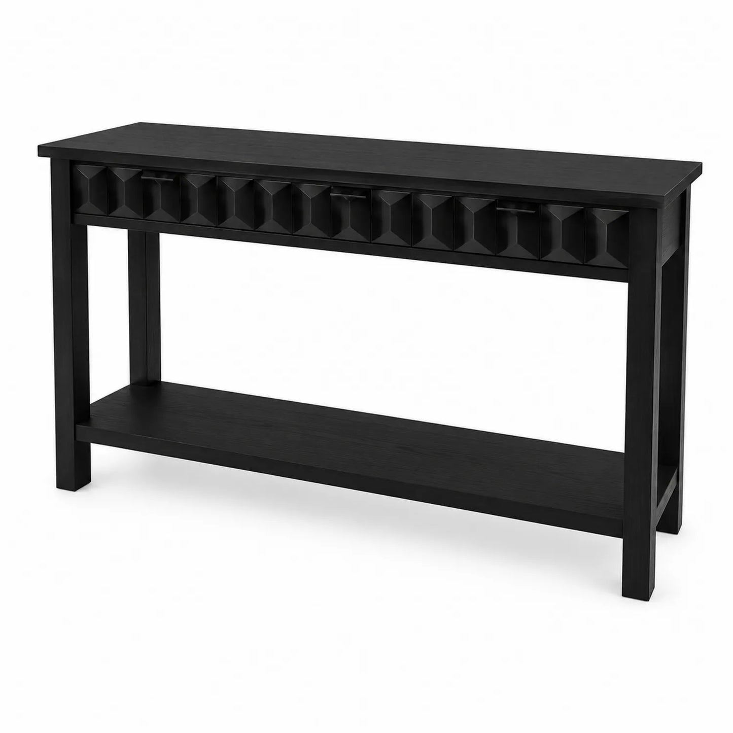 Console en bois MDF noir avec étagère et détails géométriques