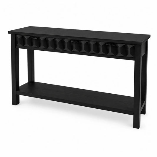 Console en bois MDF noir avec étagère et détails géométriques