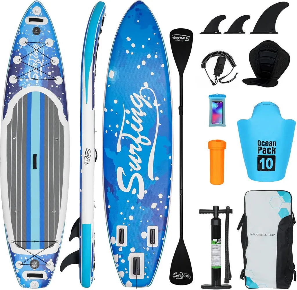Planche Paddle Gonflable 335cm pour Adultes, Kit Complet avec Sac ¨¤ Dos, Si¨¨ge Kayak, Pagaie Aluminium, Support Cam¨¦ra, Pompe, 2 Personnes, Charge 150 kg