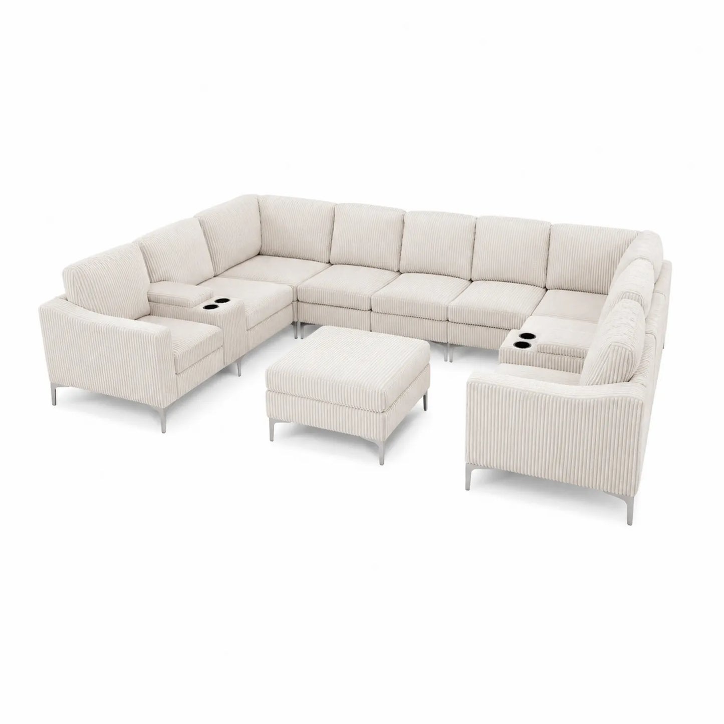 Canapé d'angle modulable en tissu côtelé beige avec repose-pieds et porte-gobelets