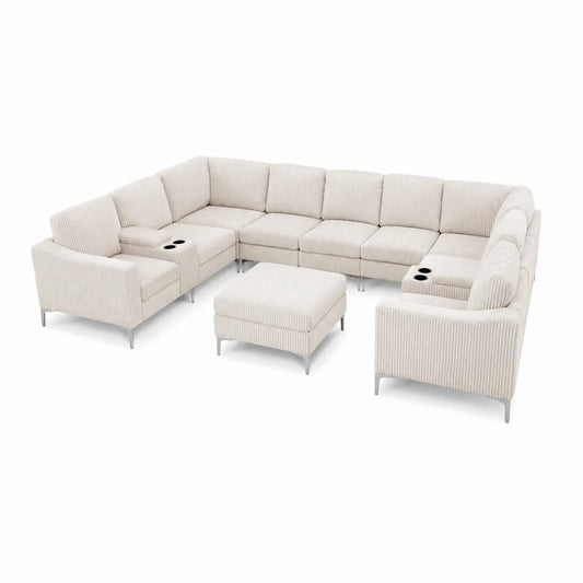Canapé d'angle modulable en tissu côtelé beige avec repose-pieds et porte-gobelets