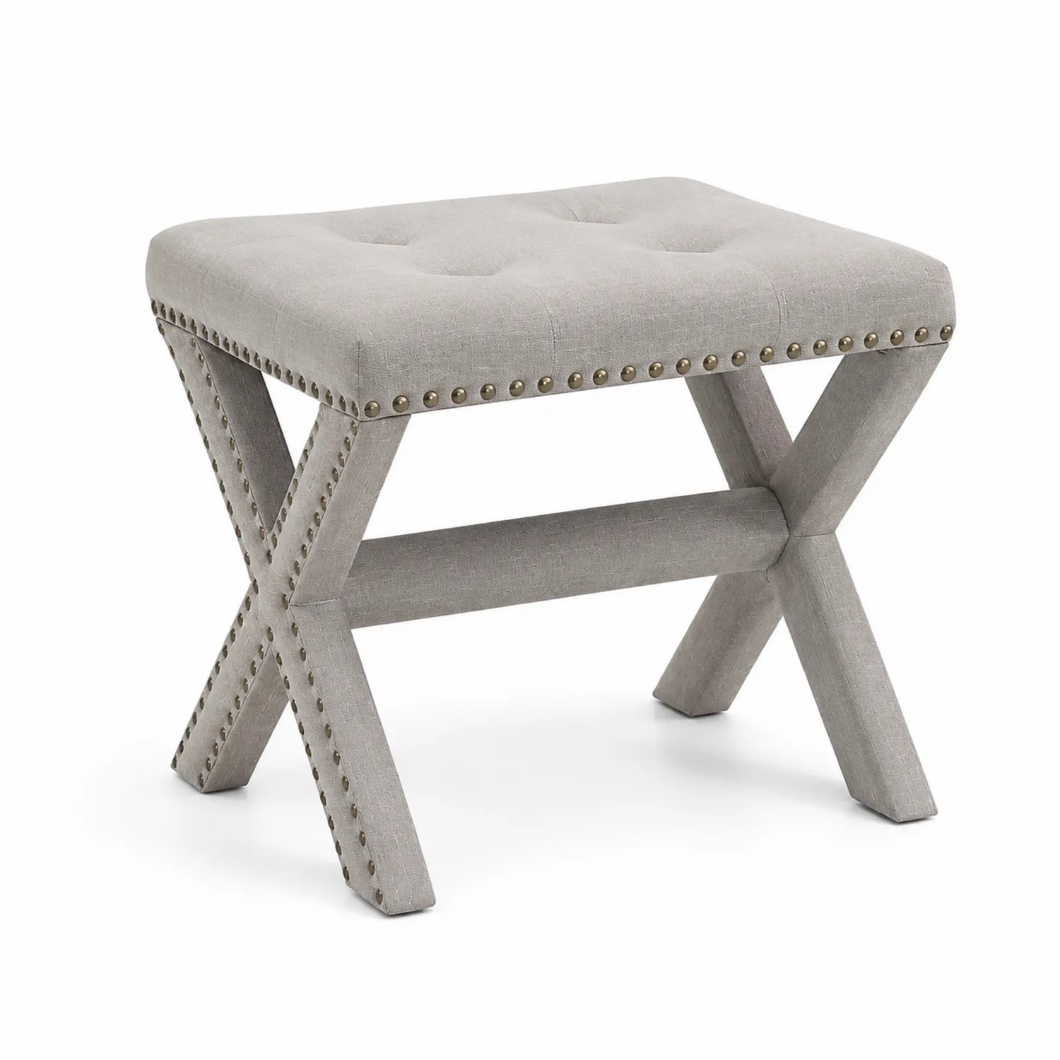 Banc en bois et lin gris avec pieds croisés