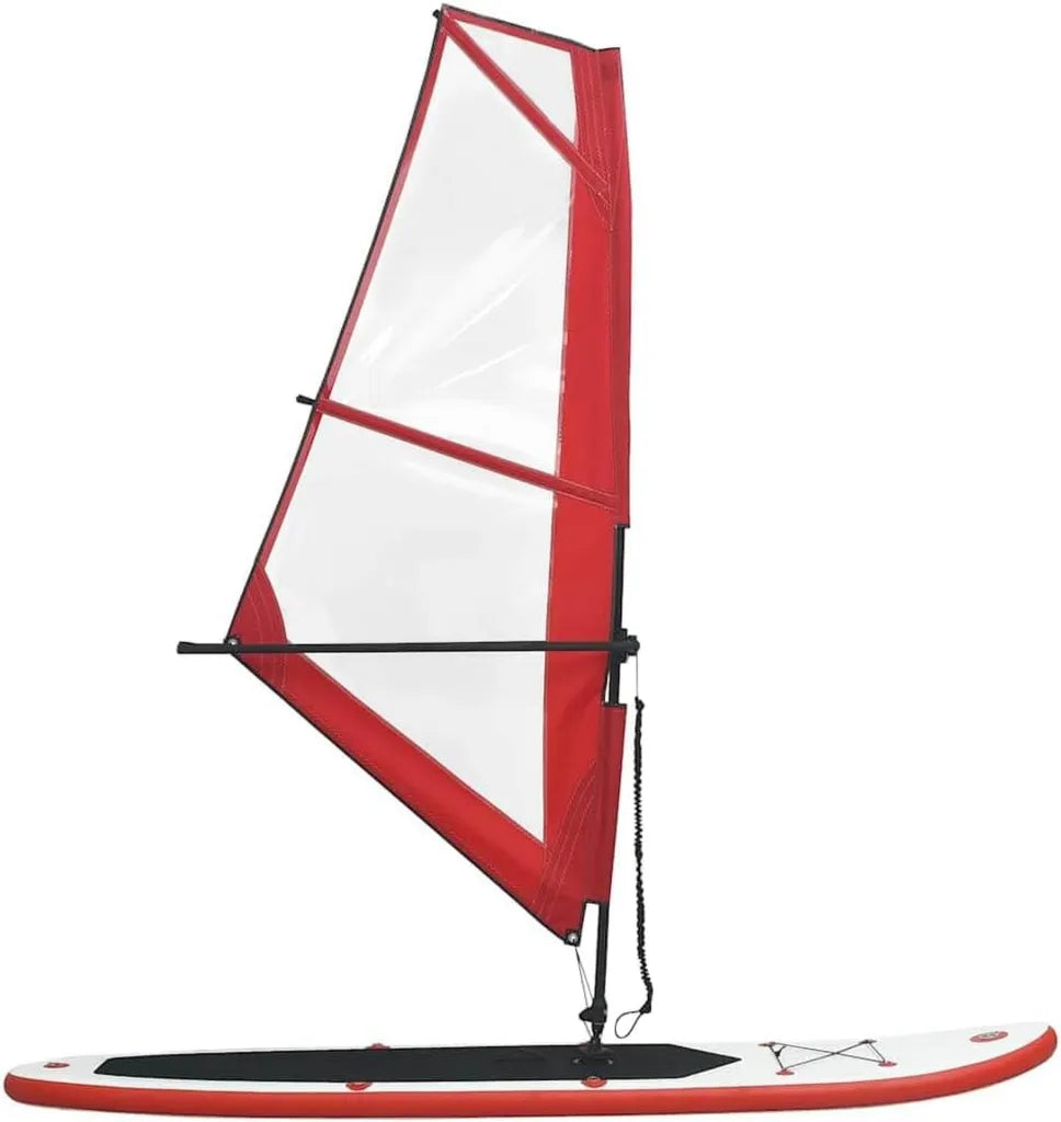 Planche de paddle gonflable avec voile rouge et blanche, accessoires complets pour surf et fitness