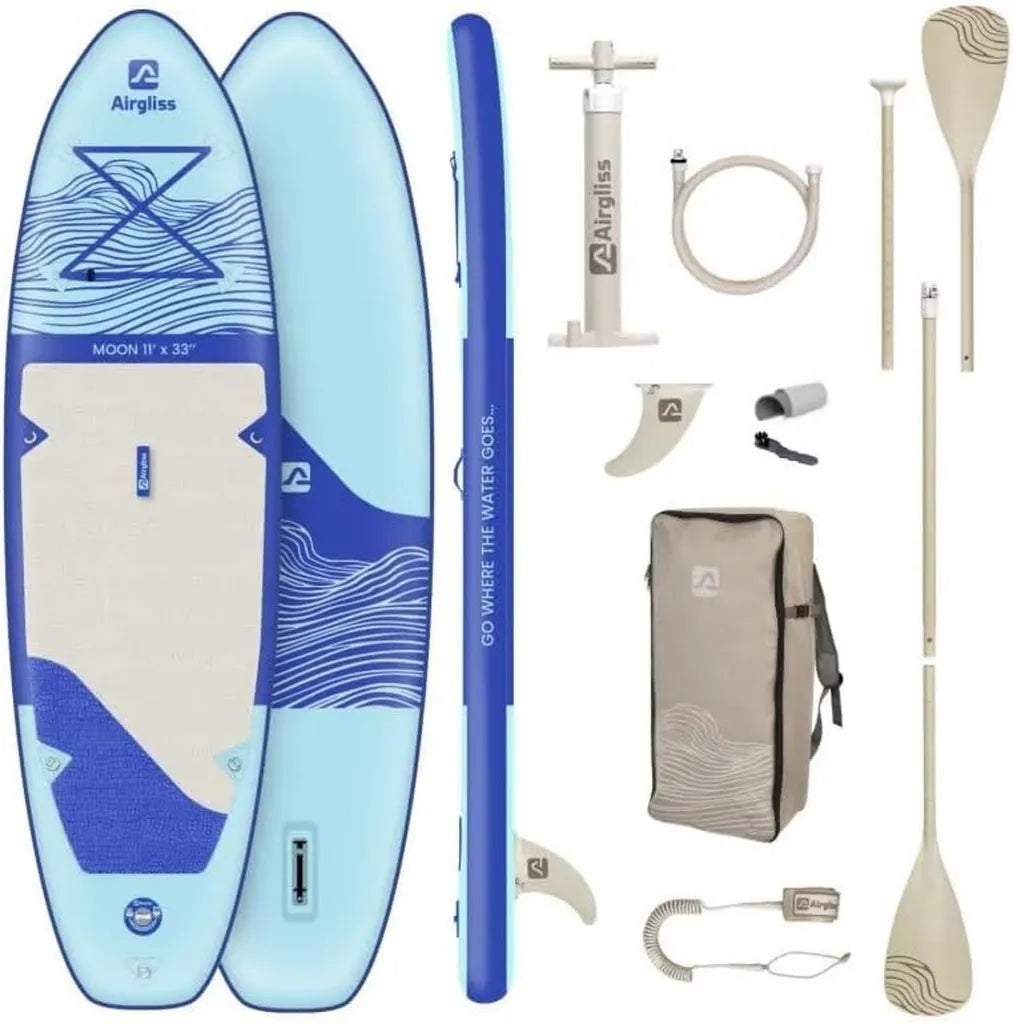 Planche de Paddle Gonflable AIRGLISS 11.0 - Jusqu'¨¤ 2 Personnes (Max. 170kg) | Pour Adultes et Enfants | Stabilit¨¦ et Qualit¨¦ Sup¨¦rieures | Kit Complet: Pagaie, Pompe, Sac, Aileron, Leash