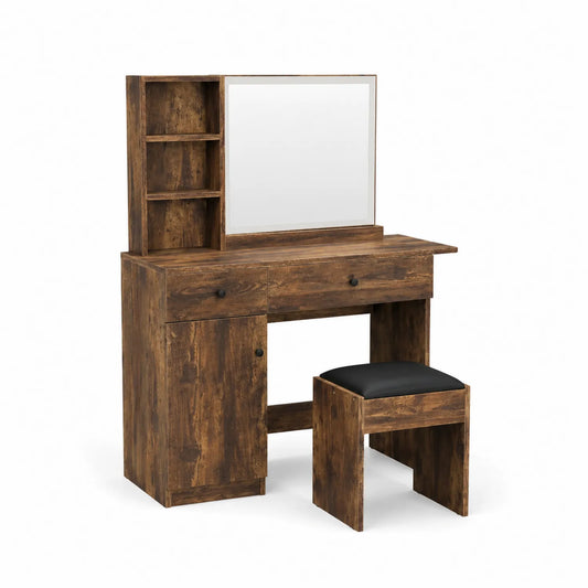 Coiffeuse en bois avec miroir et tabouret en simili cuir