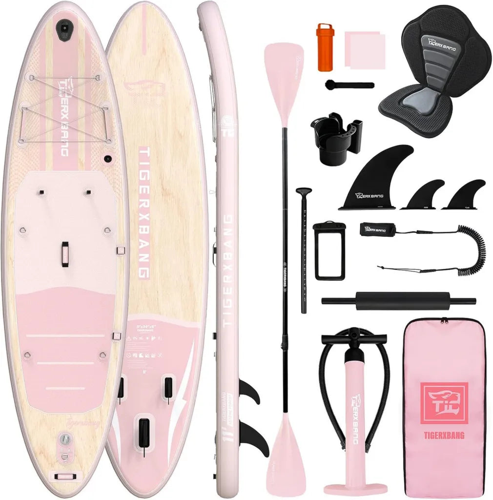 TIGERXBANG Planche ¨¤ Pagaie Gonflable Rose avec Accessoires, Pont Antid¨¦rapant en EVA, Longueur 3 ¨¤ 3,9 m pour Adultes et Jeunes, Tous Niveaux