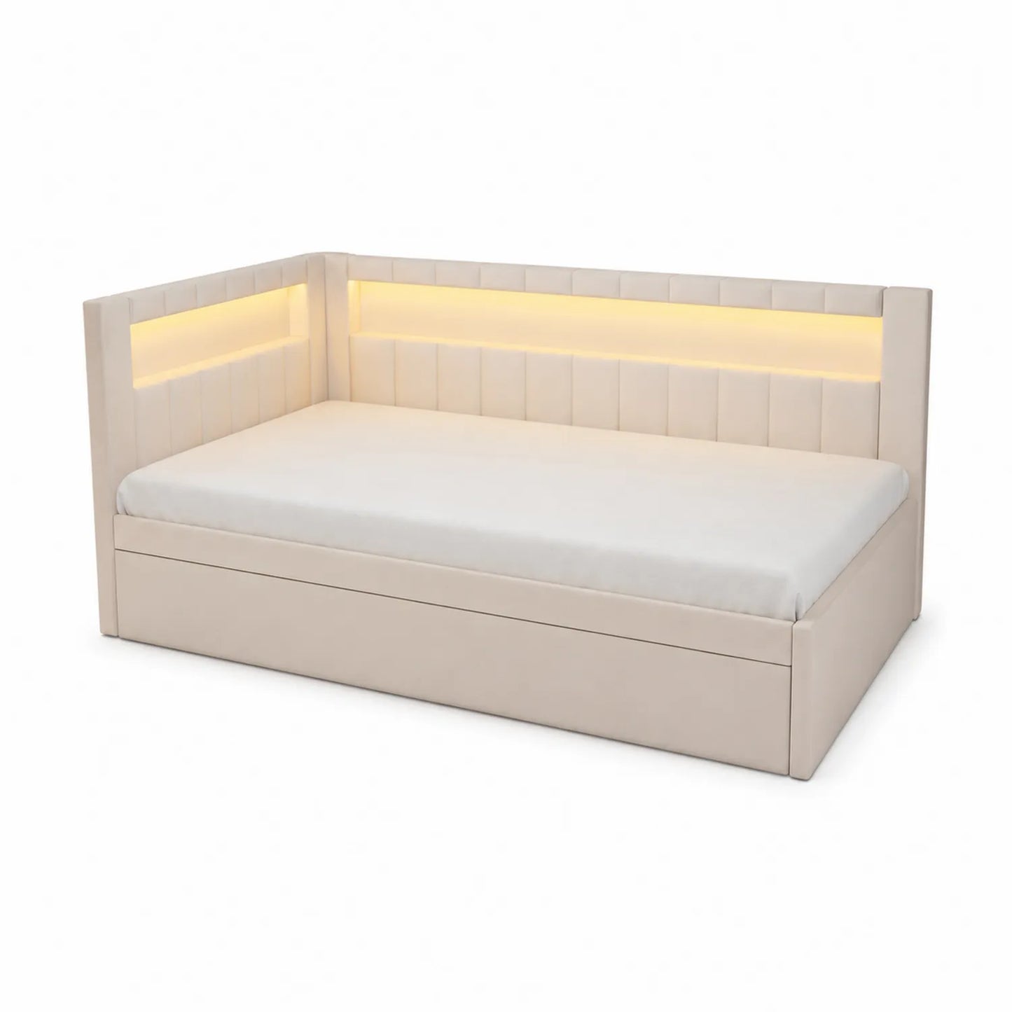Lit banquette en bois avec tiroir et éclairage LED Beige