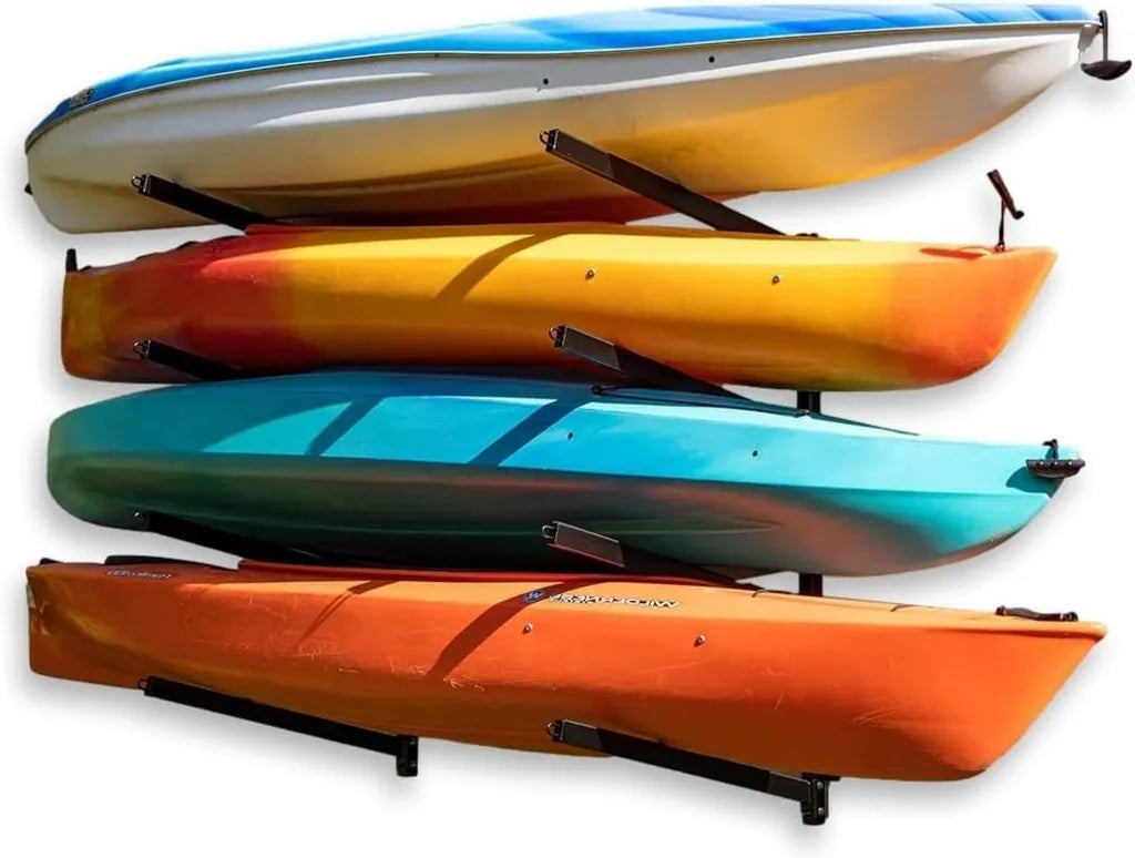 Ratelier mural ext¨¦rieur pour 4 kayaks, capacit¨¦ 181 kg, acier r¨¦sistant aux intemp¨¦ries, niveaux ajustables