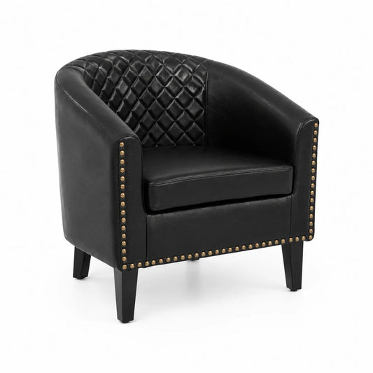Fauteuil en cuir synthétique noir avec motif losanges et accoudoirs cloutés
