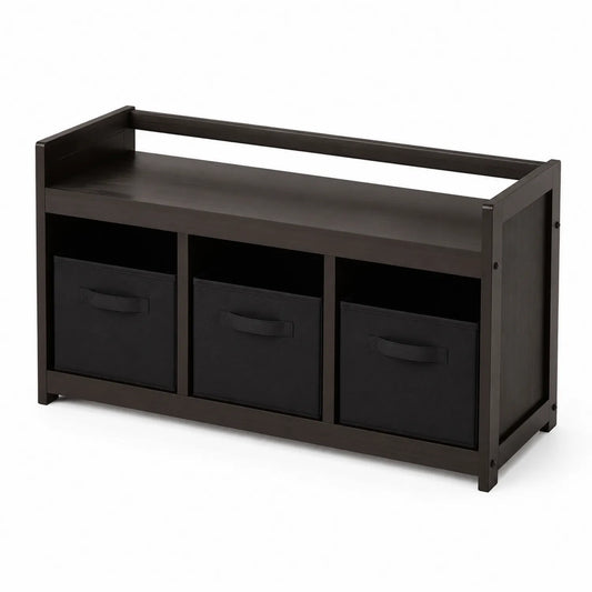 Banc en bois noir avec 3 compartiments en tissu polyester 100x30x45cm