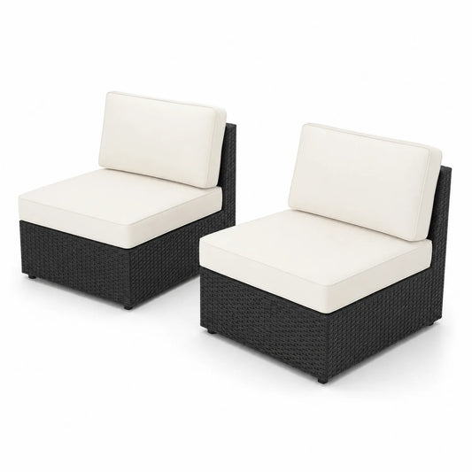 Lot de 2 chaises d'extérieur en rotin synthétique noir avec coussins blancs