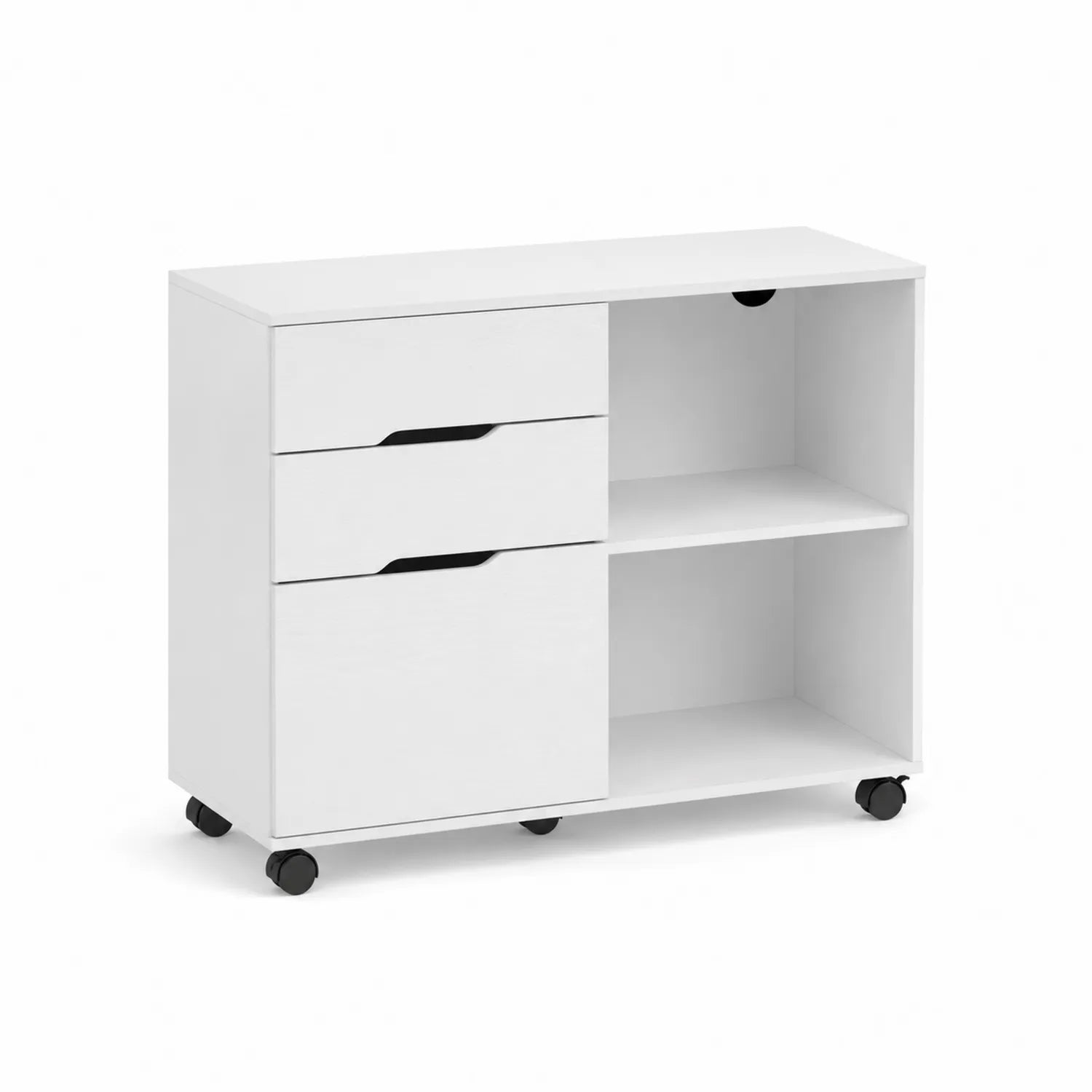 Armoire de bureau en bois avec roulettes et étagères blanches