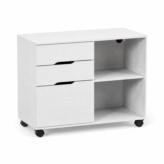 Meuble de rangement en bois avec roulettes, 2 tiroirs et 2 étagères, Blanc