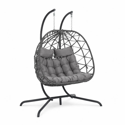 Chaise suspendue en rotin synthétique gris avec coussins