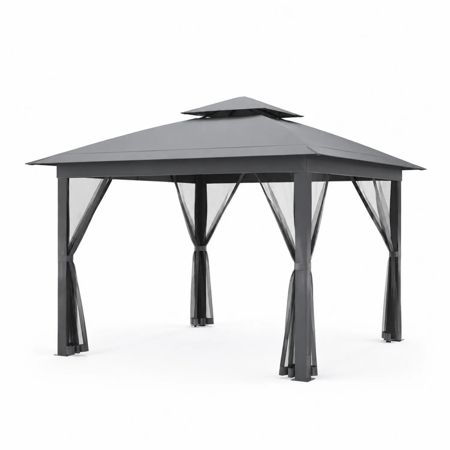 Pavillon en métal avec toit en polycarbonate et rideaux en polyester