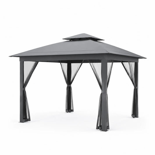 Pavillon en métal avec toit en polycarbonate et rideaux en polyester