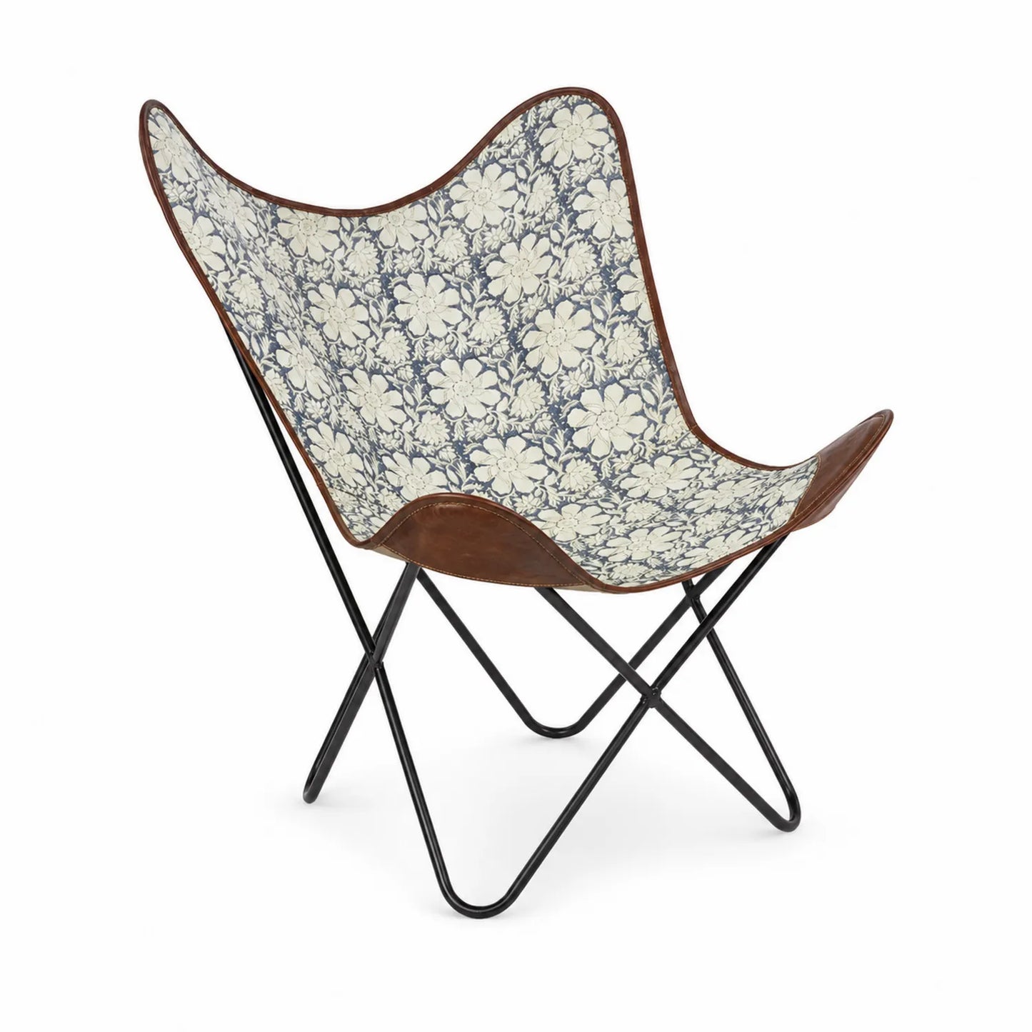 Chaise papillon en cuir et tissu floral avec cadre en métal noir