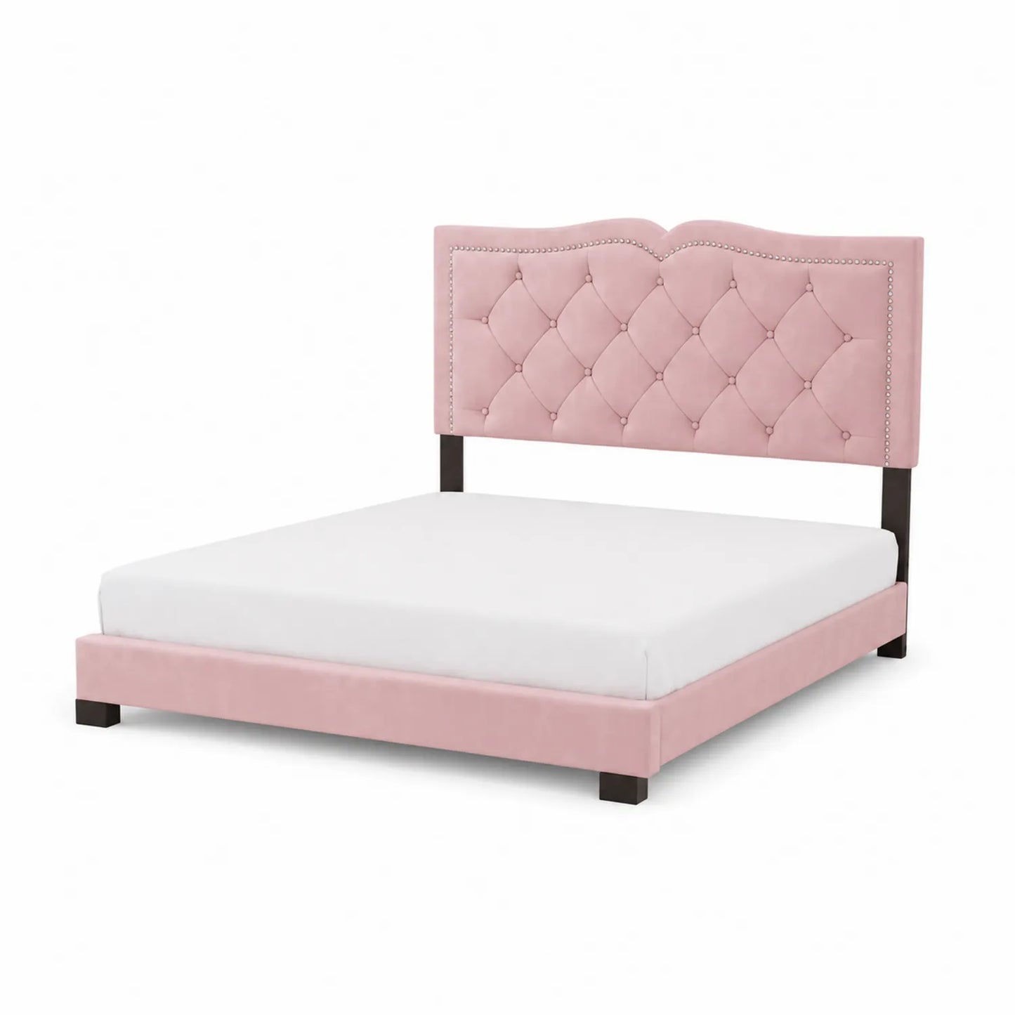 Lit double en velours Rose avec tête de lit capitonnée