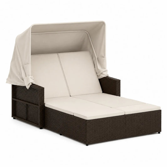 Chaise longue double en résine tressée avec auvent ajustable et coussins beiges