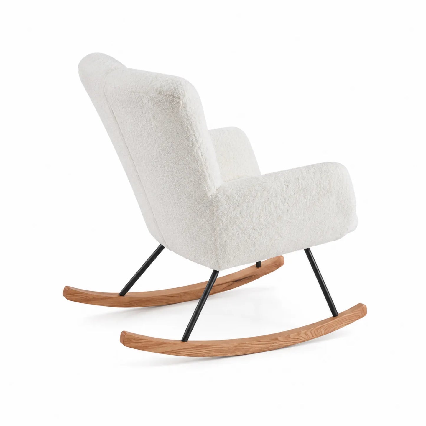 Fauteuil à bascule en tissu bouclette blanc avec pieds en bois