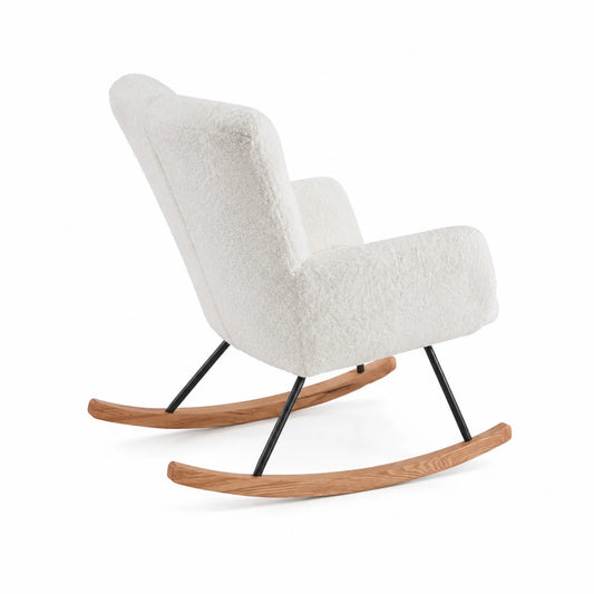 Fauteuil à bascule en tissu bouclette blanc avec pieds en bois